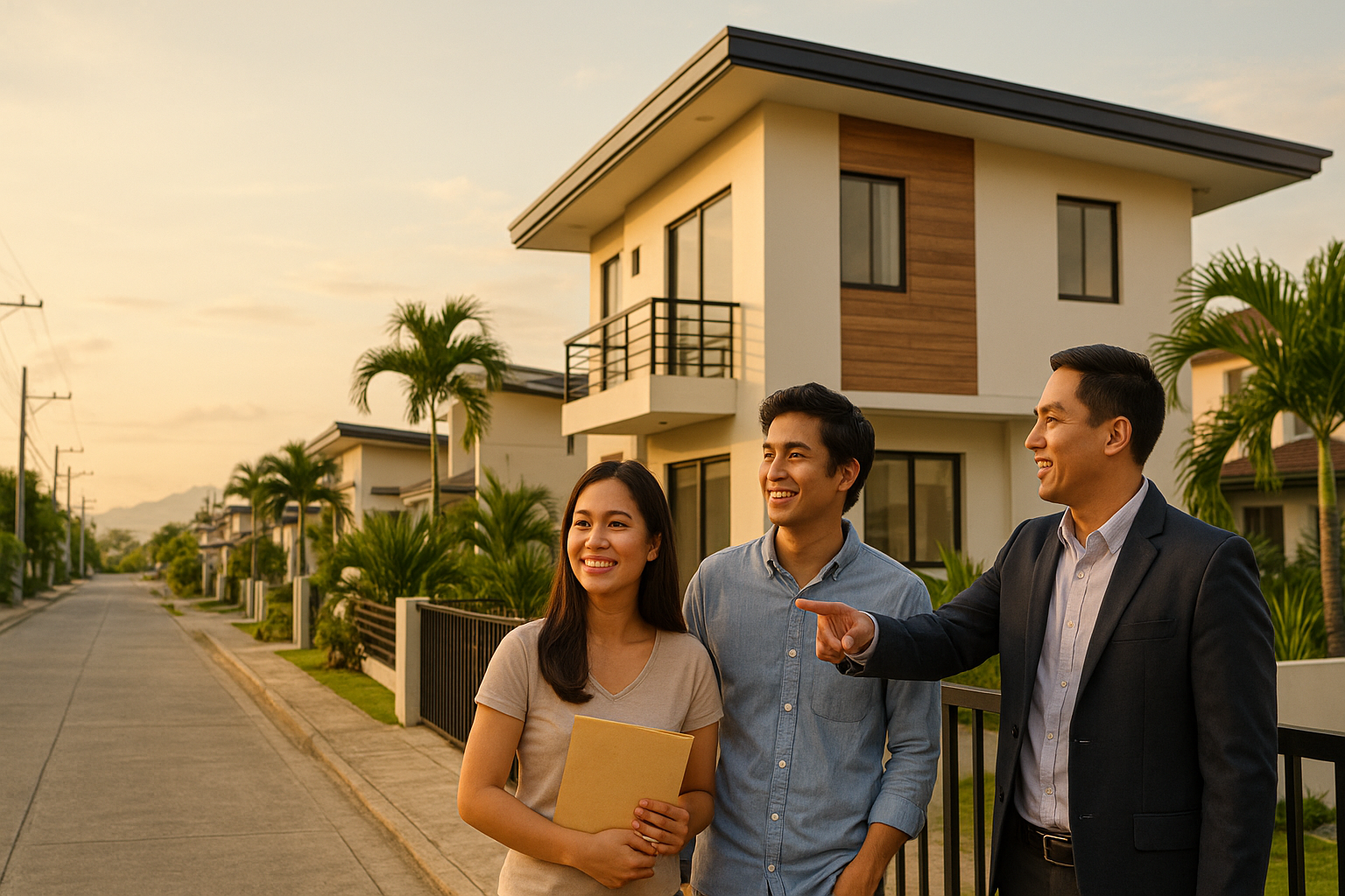 Filipino first-time homebuyers with a broker outside a modern Bulacan house at golden hour.