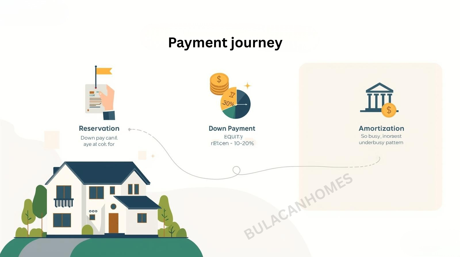 {title} Three-step illustration showing reservation, down payment, and amortization leading to a home