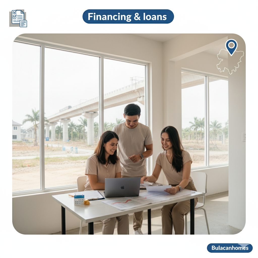 Filipino couple at a modern Bulacan home with calculator, calendar, coins, and a downward interest graph, clean gradient background.