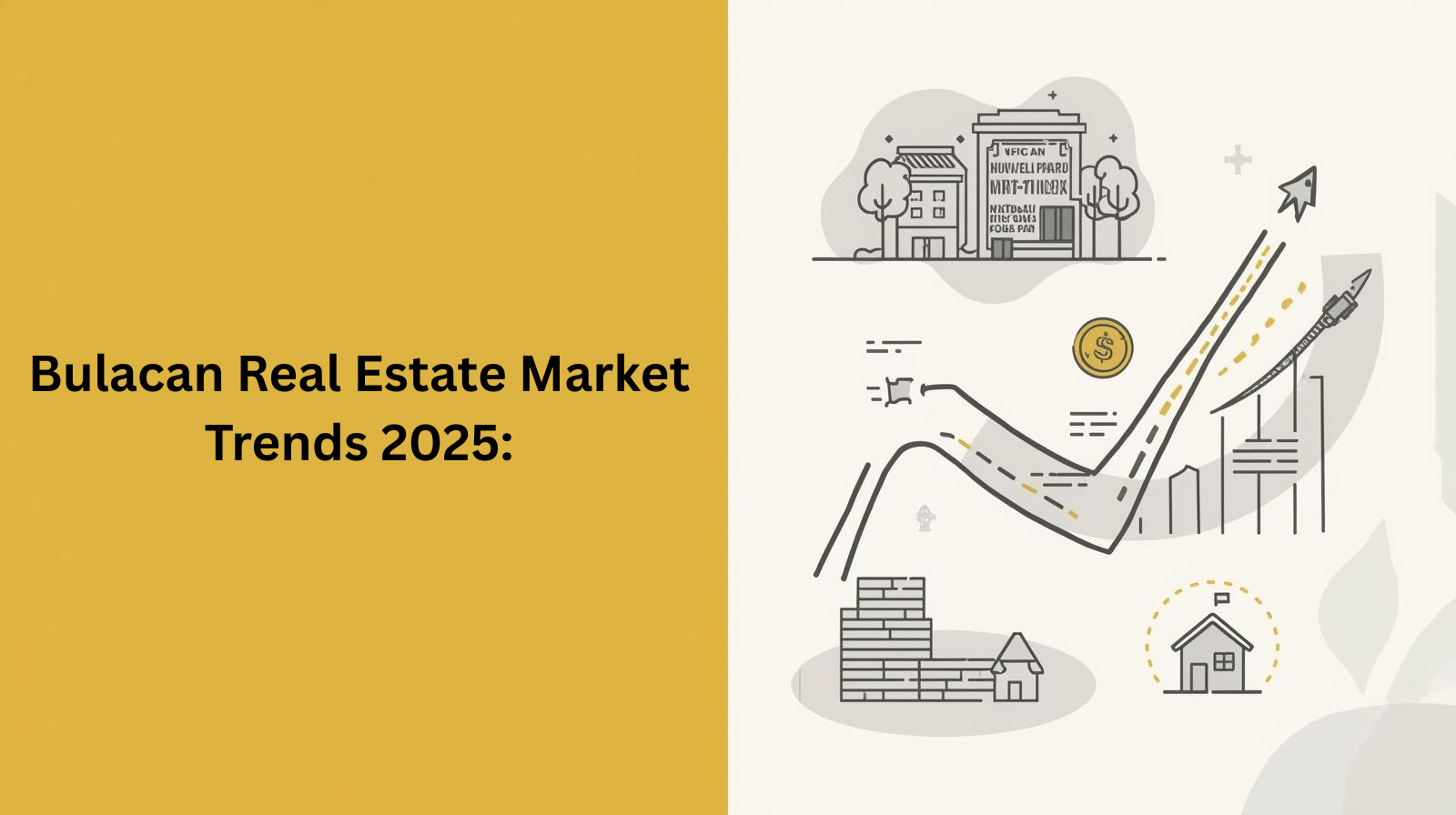 Minimalist illustration of Bulacan homes with an upward trend arrow, MRT-7 and NLEX hints, symbolizing 2025 market growth.
