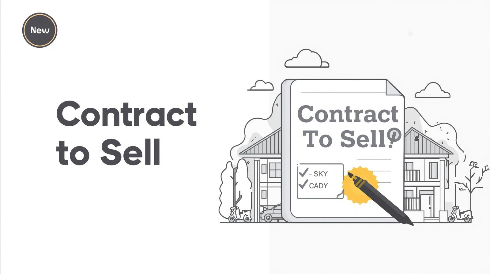 Centered contract with pen and Bulacan suburban horizon, flat vector in Bulacanhomes colors, title “Contract to Sell.