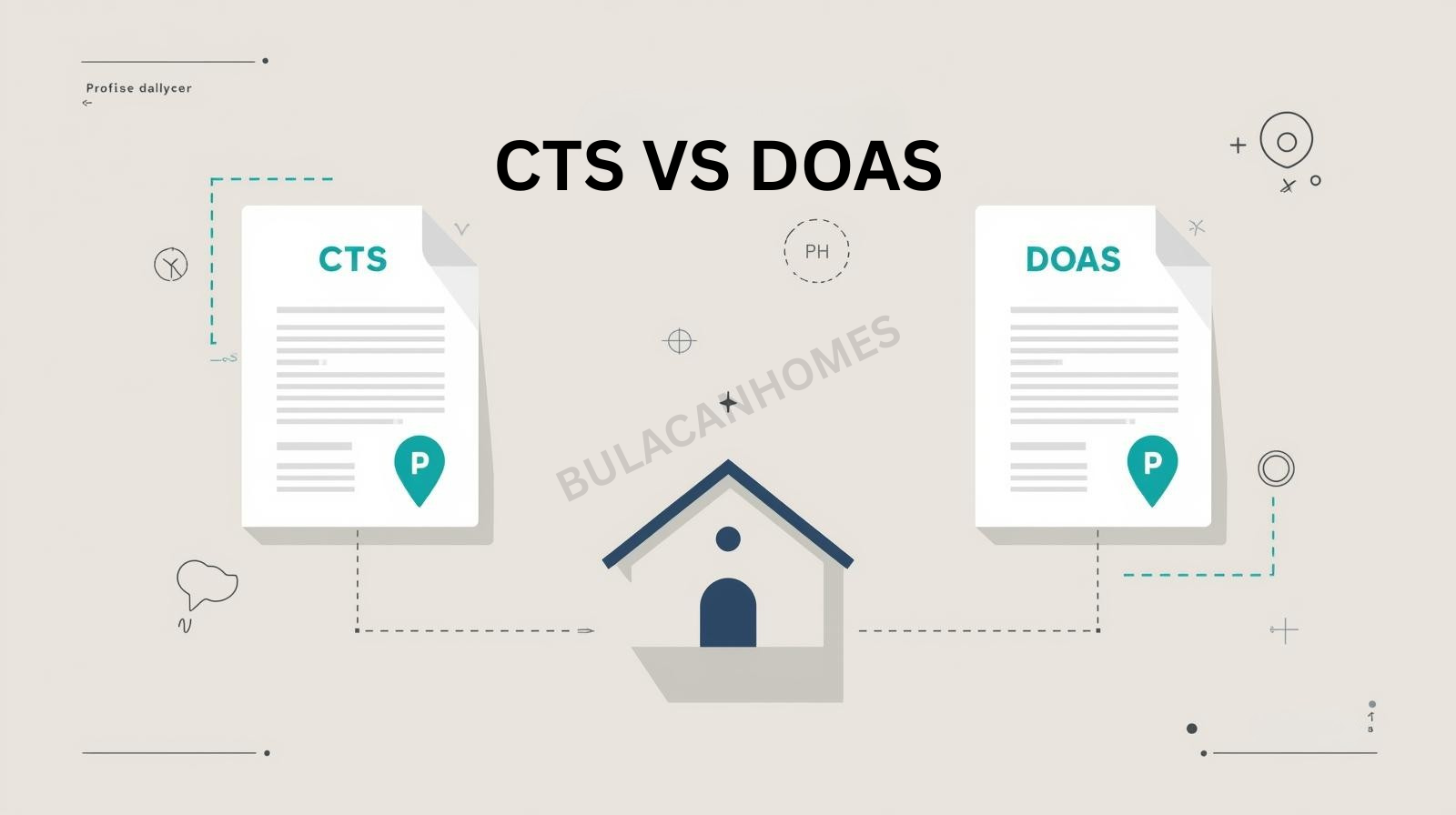 {title} Editorial vector comparing Contract to Sell and Deed of Absolute Sale with a Bulacan house icon and progress arrow from CTS to DOAS.