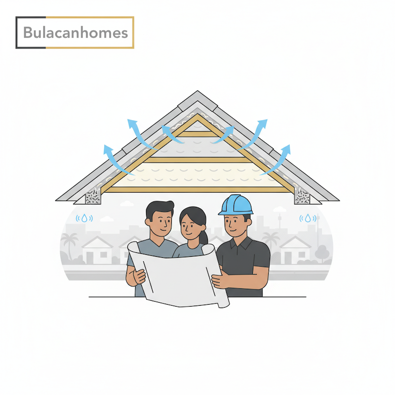 Flat vector of a Bulacan home roof cutaway showing radiant barrier, mineral wool insulation, and balanced ventilation—air entering soffit vents and exiting a ridge vent—to keep interiors cooler and drier.