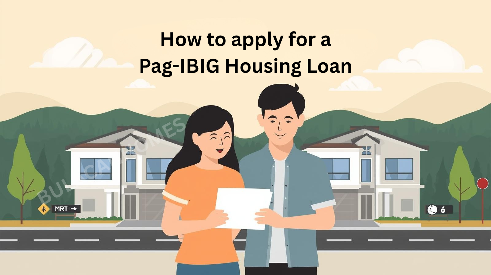 {title} A Filipino couple applying for a Pag-IBIG housing loan with a real estate agent in a Bulacan subdivision office.