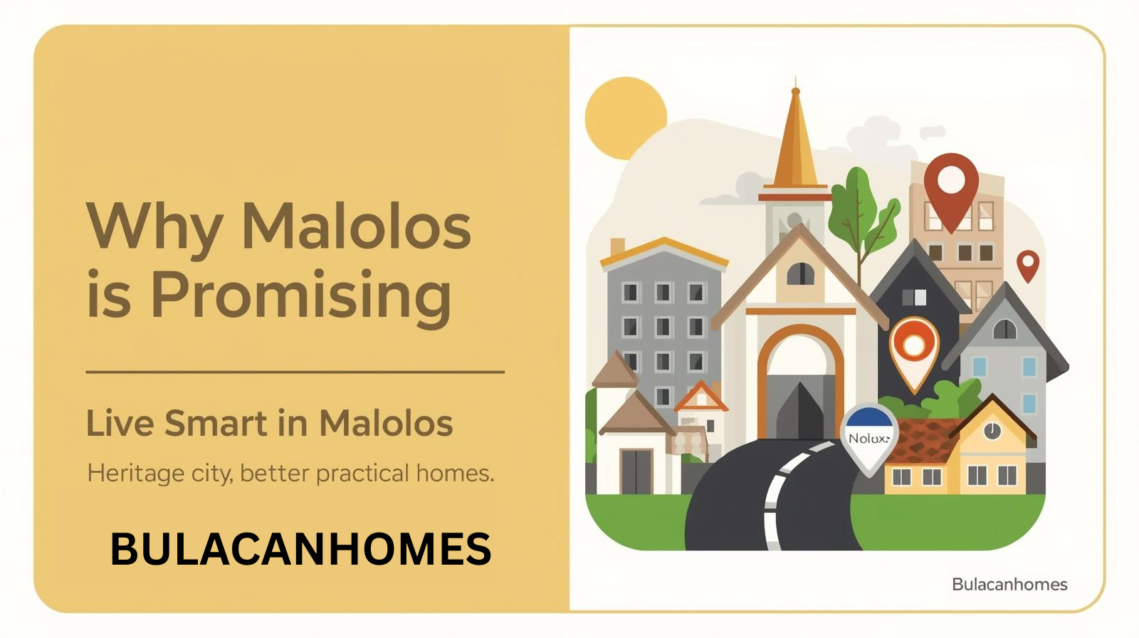 Editorial vector of Malolos, Bulacan—Barasoain Church silhouette, modern homes, and a road toward Metro Manila—illustrating why Malolos is a promising place to live.