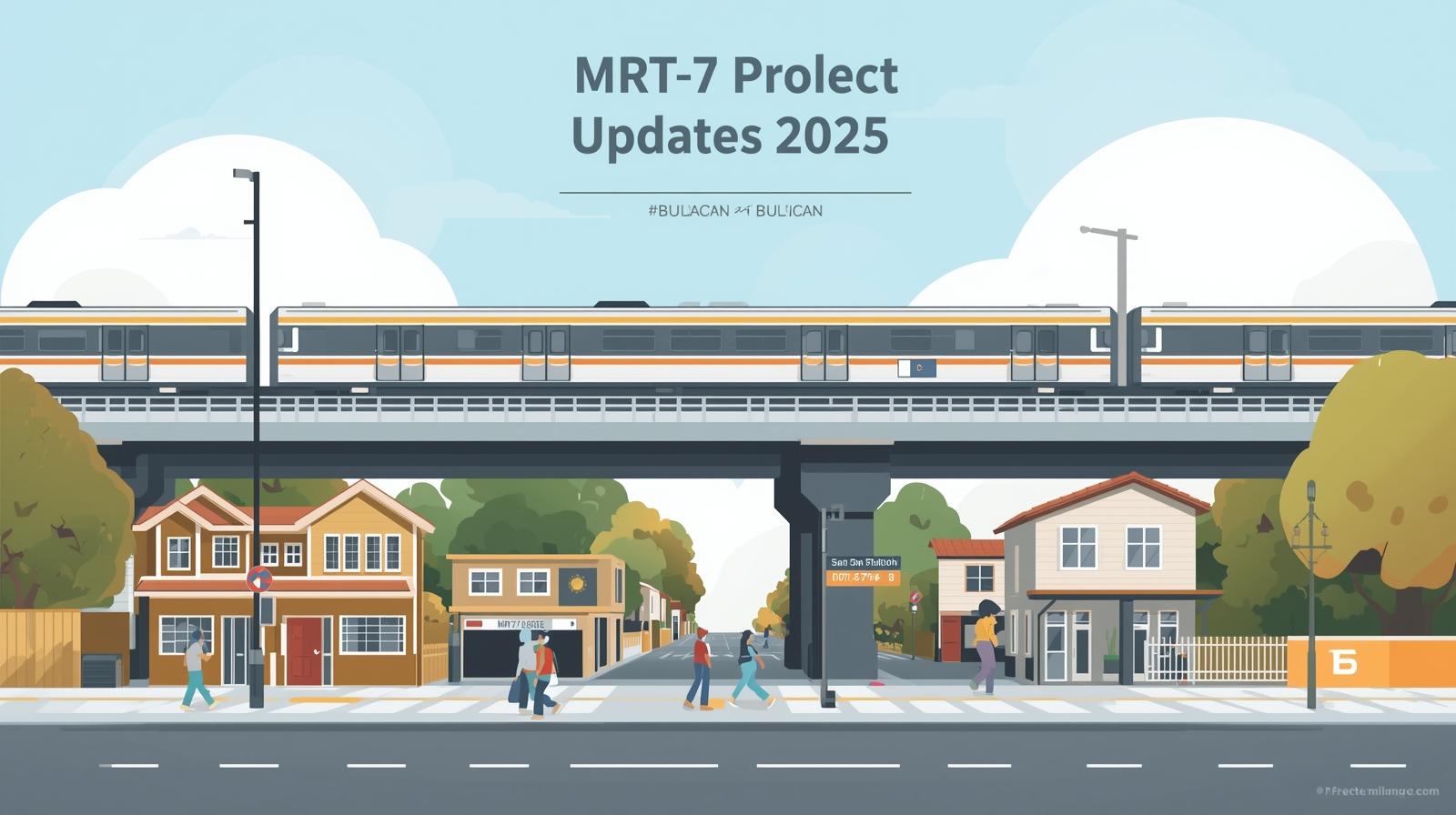 {title} Vector illustration of MRT-7 train running through Bulacan with homes and commuters under a clear sky.
