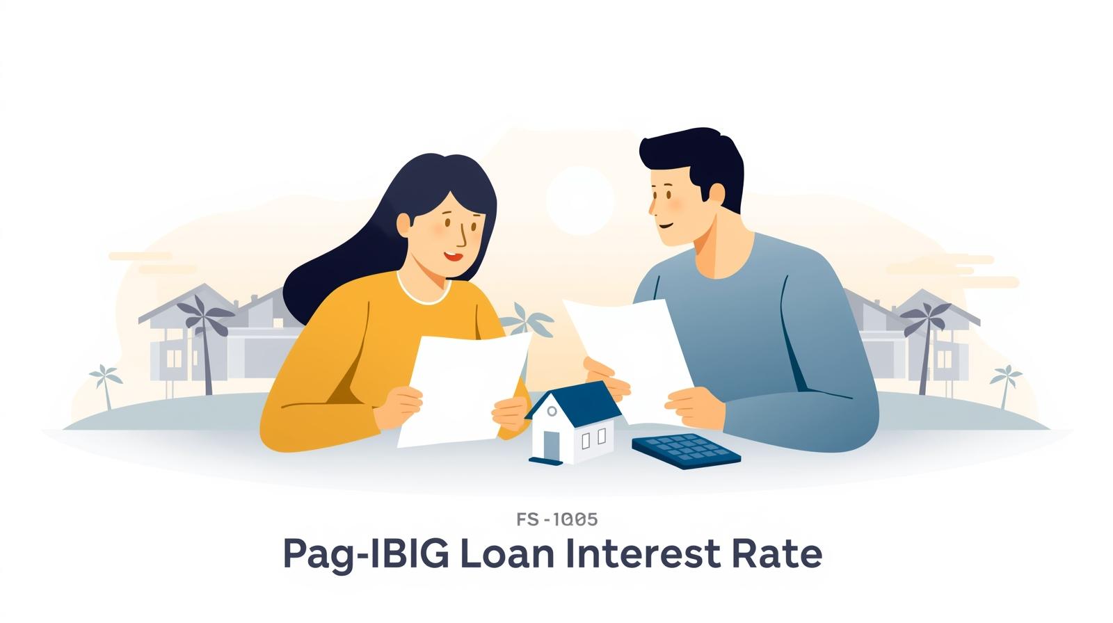 {title} Filipino couple reviewing Pag-IBIG loan documents with house model and calculator on table.
