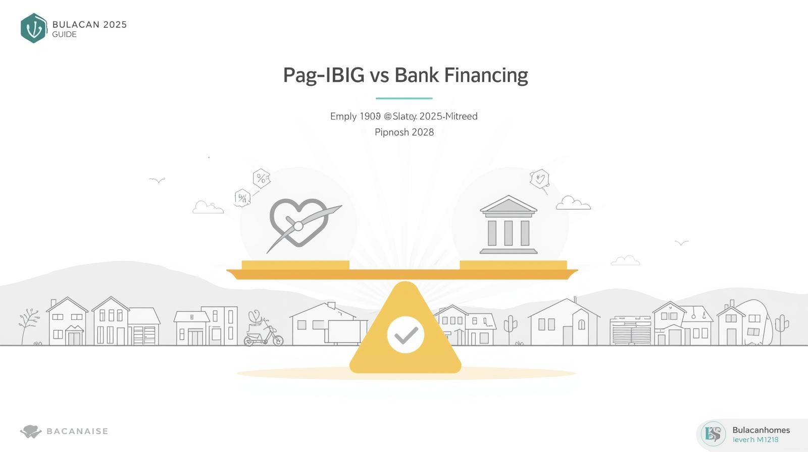 Balanced scale comparing Pag-IBIG and bank financing with Bulacan homes in the background, clean flat vector.