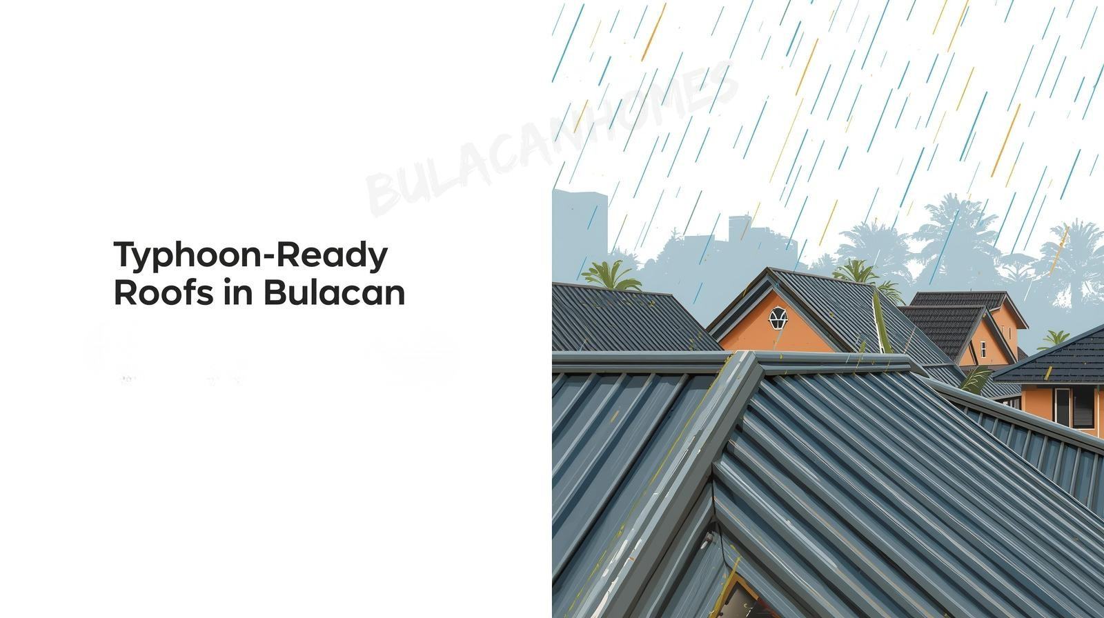 Bulacan house with metal roof, ridge cap, and soffit vents standing firm in wind and rain, minimalist vector style.