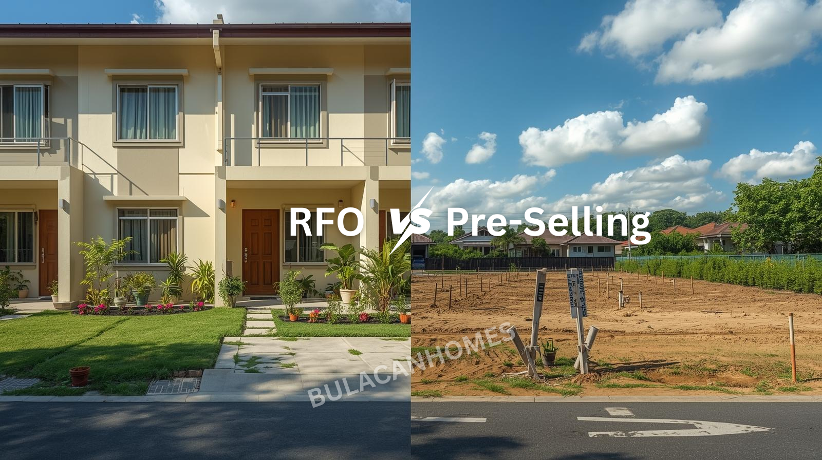 {title} Split view: finished townhouse beside a cleared vacant lot in a Bulacan subdivision under bright tropical light